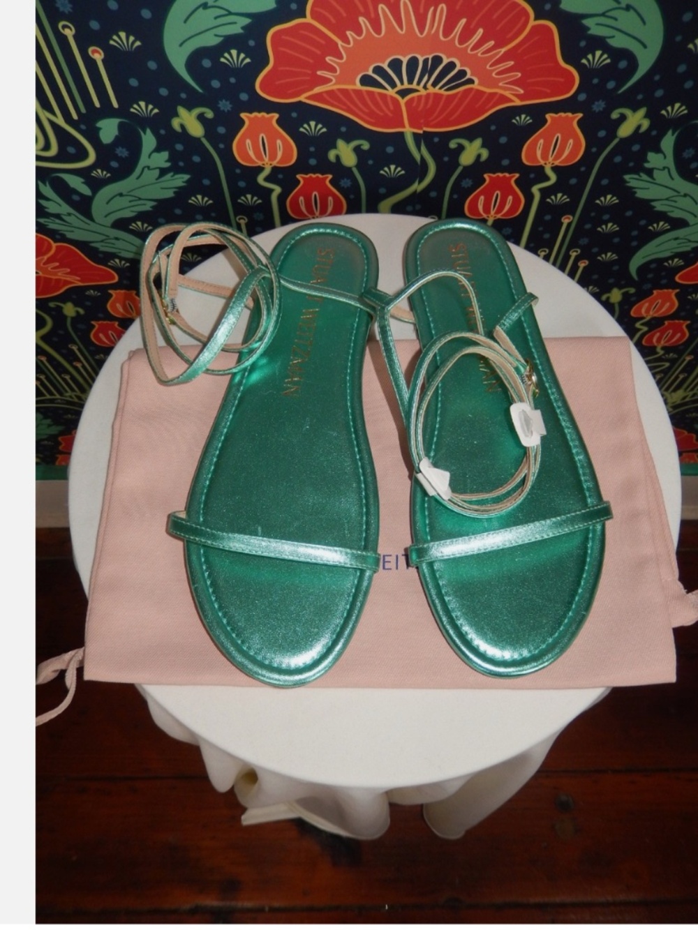 Stuart Weitzman Barely Metallic Leather Capri Aqua Flat Sandals Shoes 8.5 - Picture 2 of 5